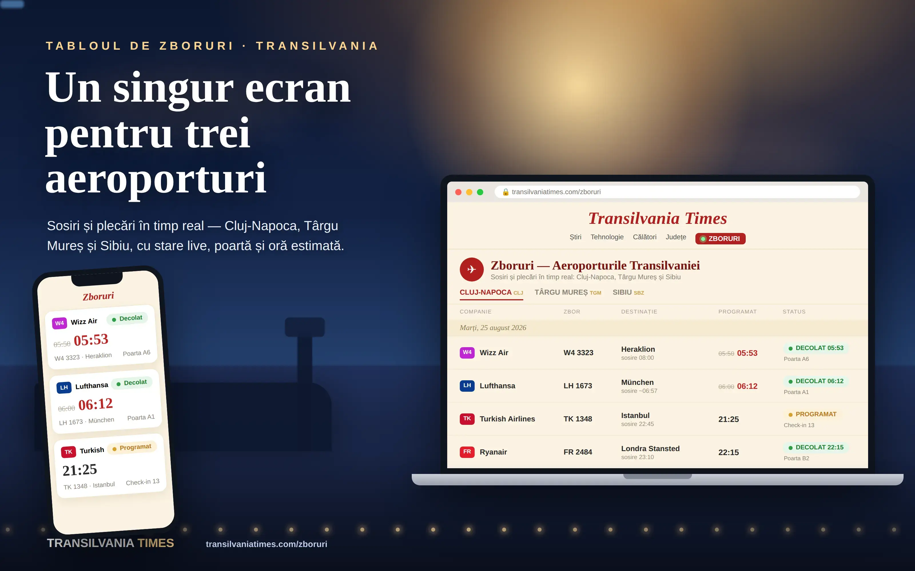 Cluj, Târgu Mureș și Sibiu, toate zborurile, într-un singur tablou live